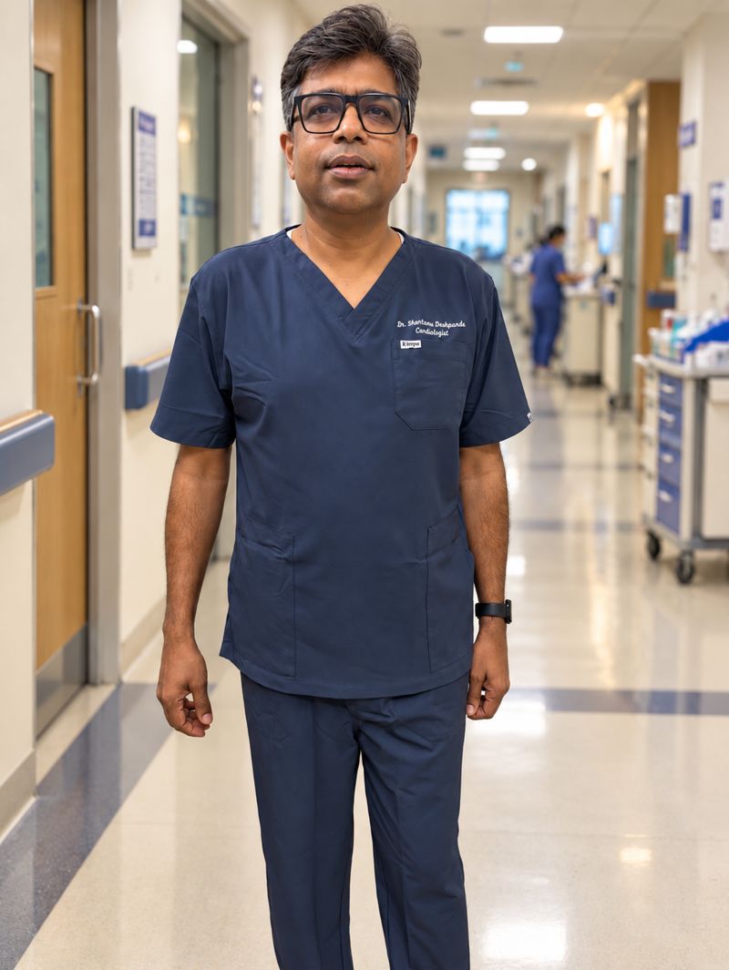 Dr. Shantanu Deshpande in scrubs at the hospital